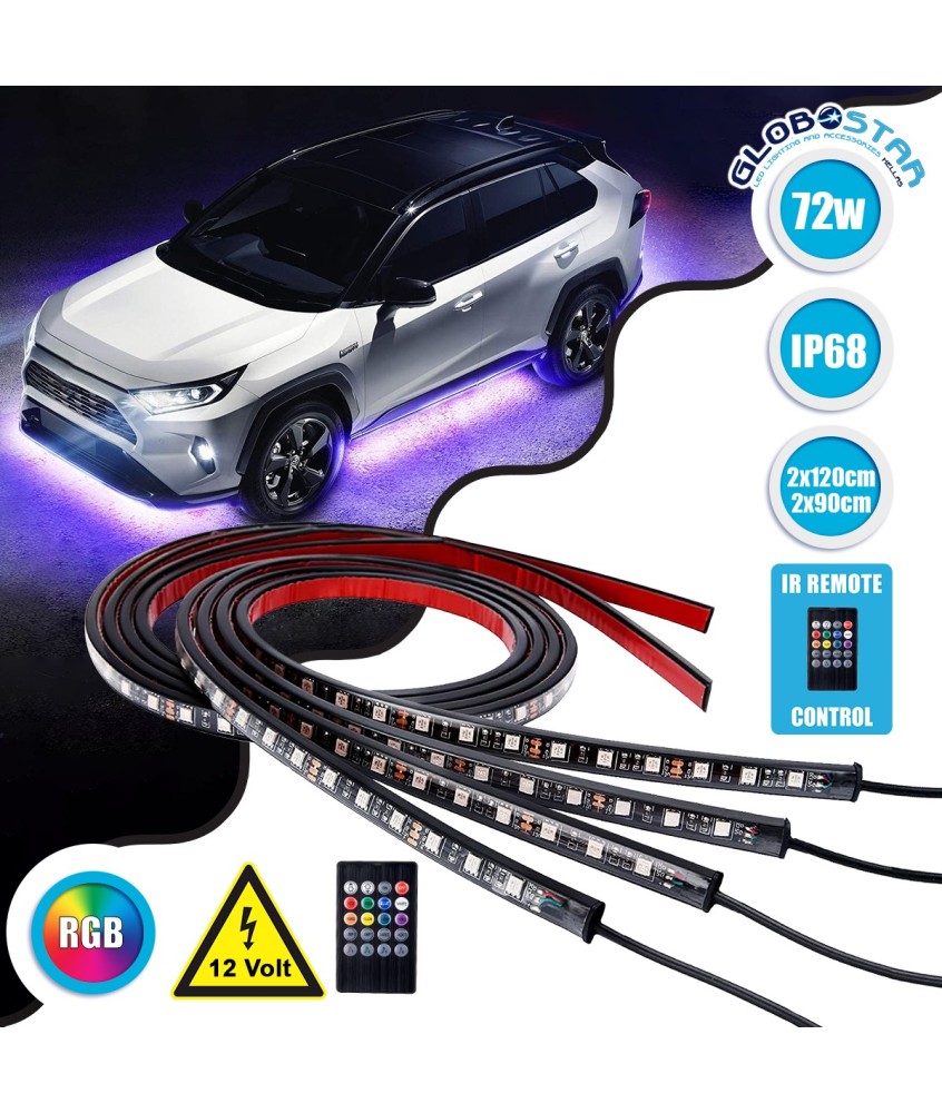 GLOBOSTAR® UNDERBODY 81841 Κιτ Διακοσμητικού Φωτισμού Αυτοκινήτου με IR Ασύρματο Χειριστήριο LED 72W 4320lm 120° DC 12V Αδιάβροχο IP65 Πολύχρωμο RGB - 2 Τεμάχια x Μ90 x Π1.3 x Υ1.3cm & 2 Τεμάχια x Μ120 x Π1.3 x Υ1.3cm - Πακέτο 4 Τεμαχίων - 1 Χρόνο Εγγύηση